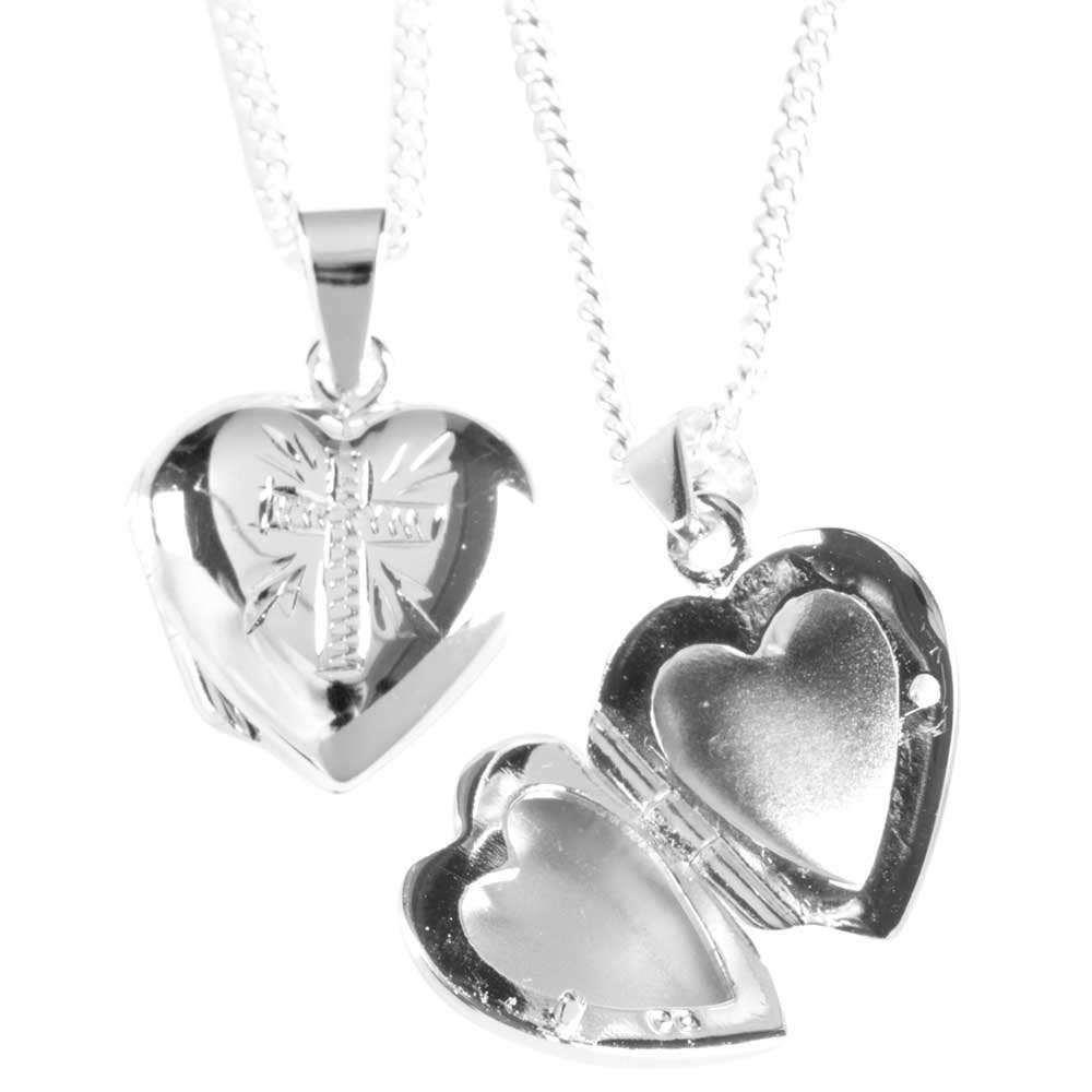 Silver Plated Heart Locket With Cross Necklace