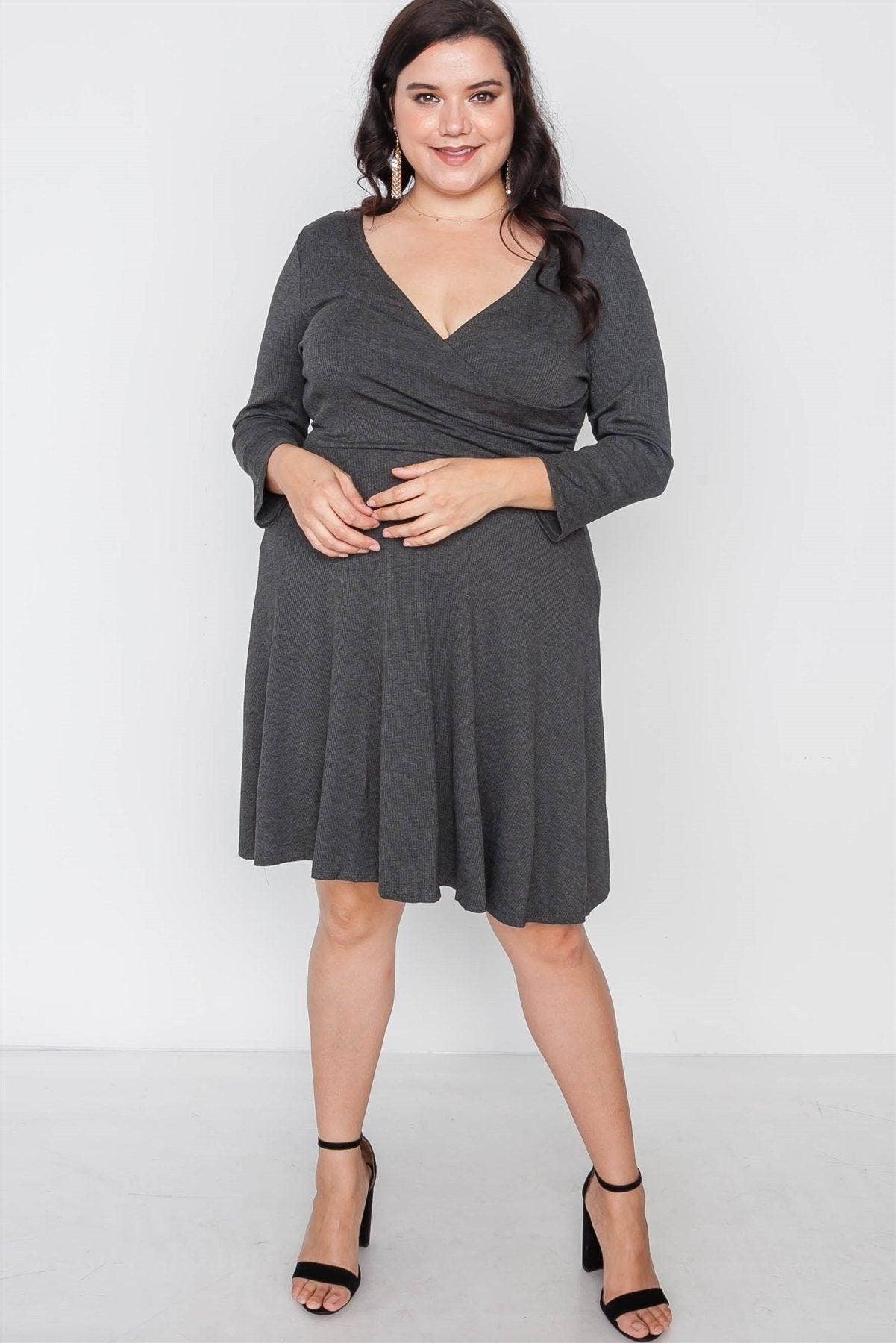 Plus Size Ribbed Charcoal V-Neck Dress