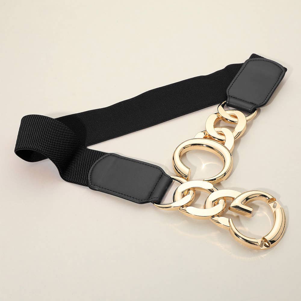 Double Metal Ring Chain Buckle Accent Elastic Waist Belt