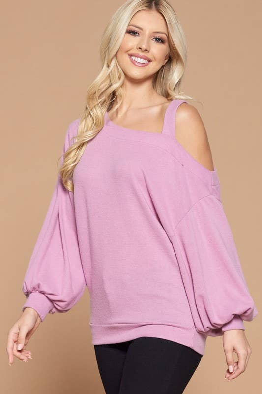 Solid Hacci Brush Cold Shoulder Top