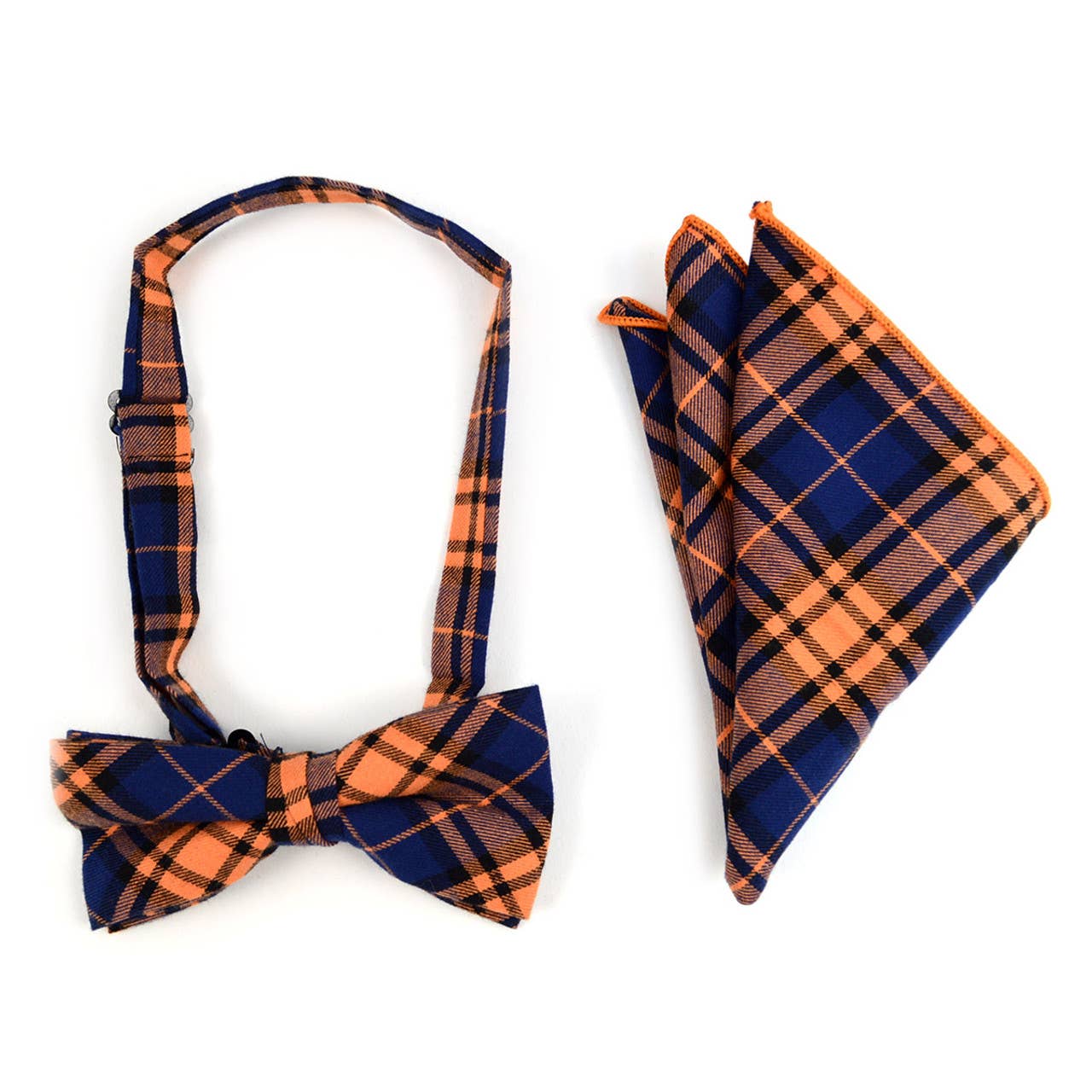 Men's Orange Blue Plaid Bow Tie & Matching Pocket Square