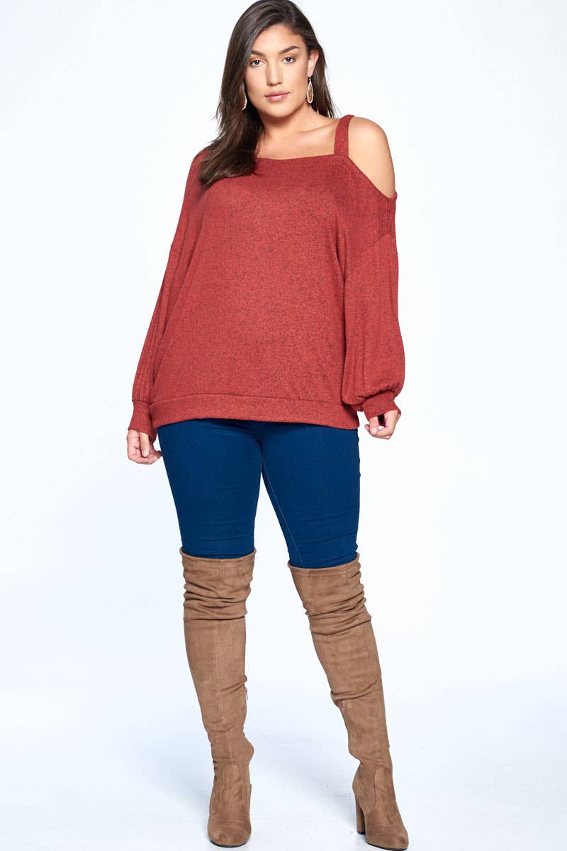 Solid Hacci Brush Cold Shoulder Top