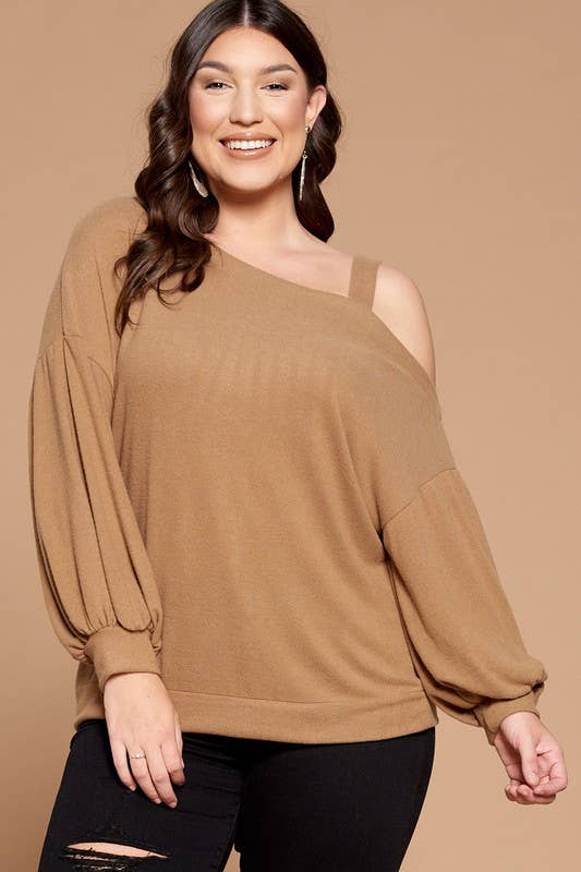 Solid Hacci Brush Cold Shoulder Top