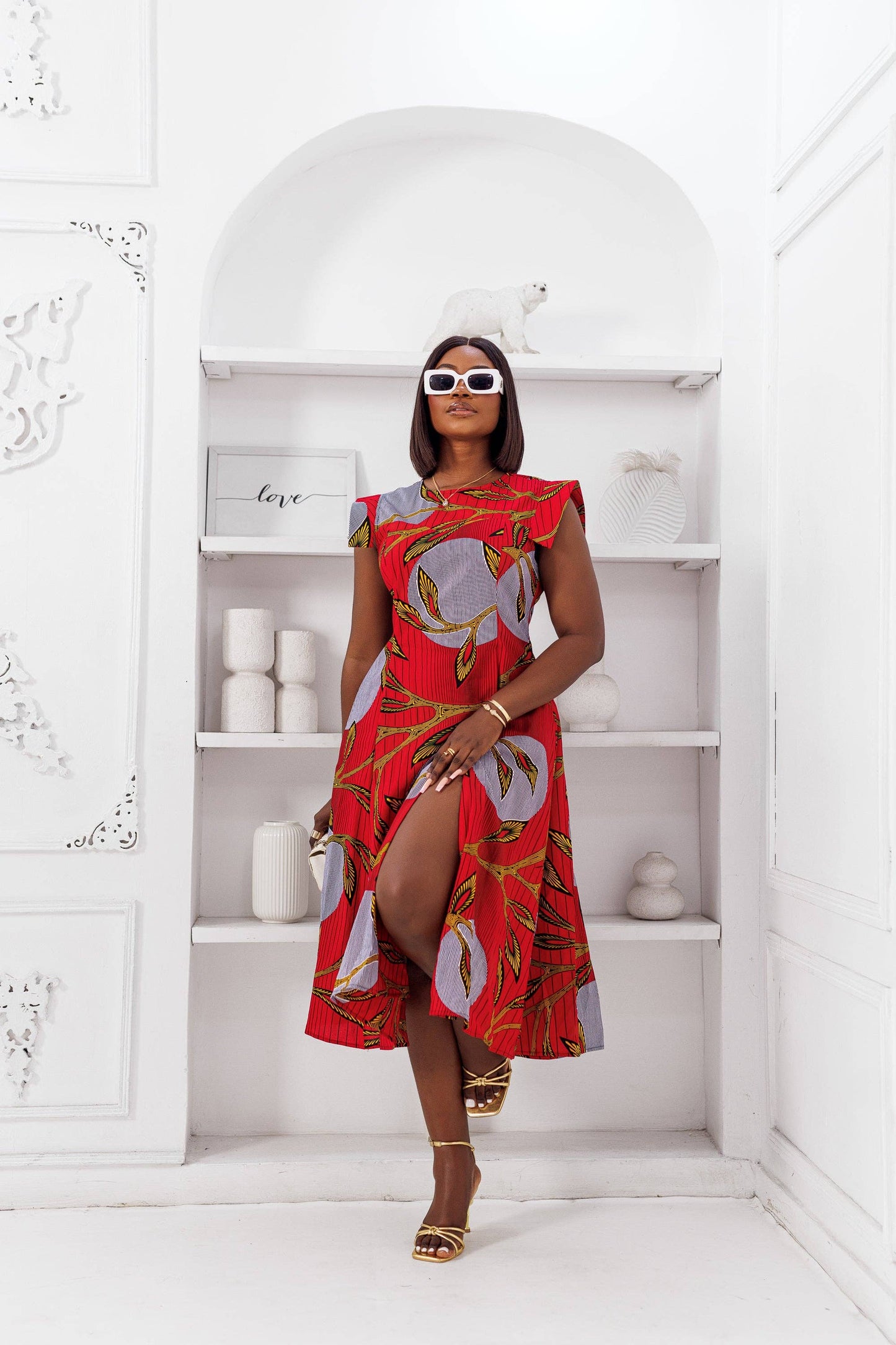 MINO AFRICAN PRINT MIDI DRESS [RED]