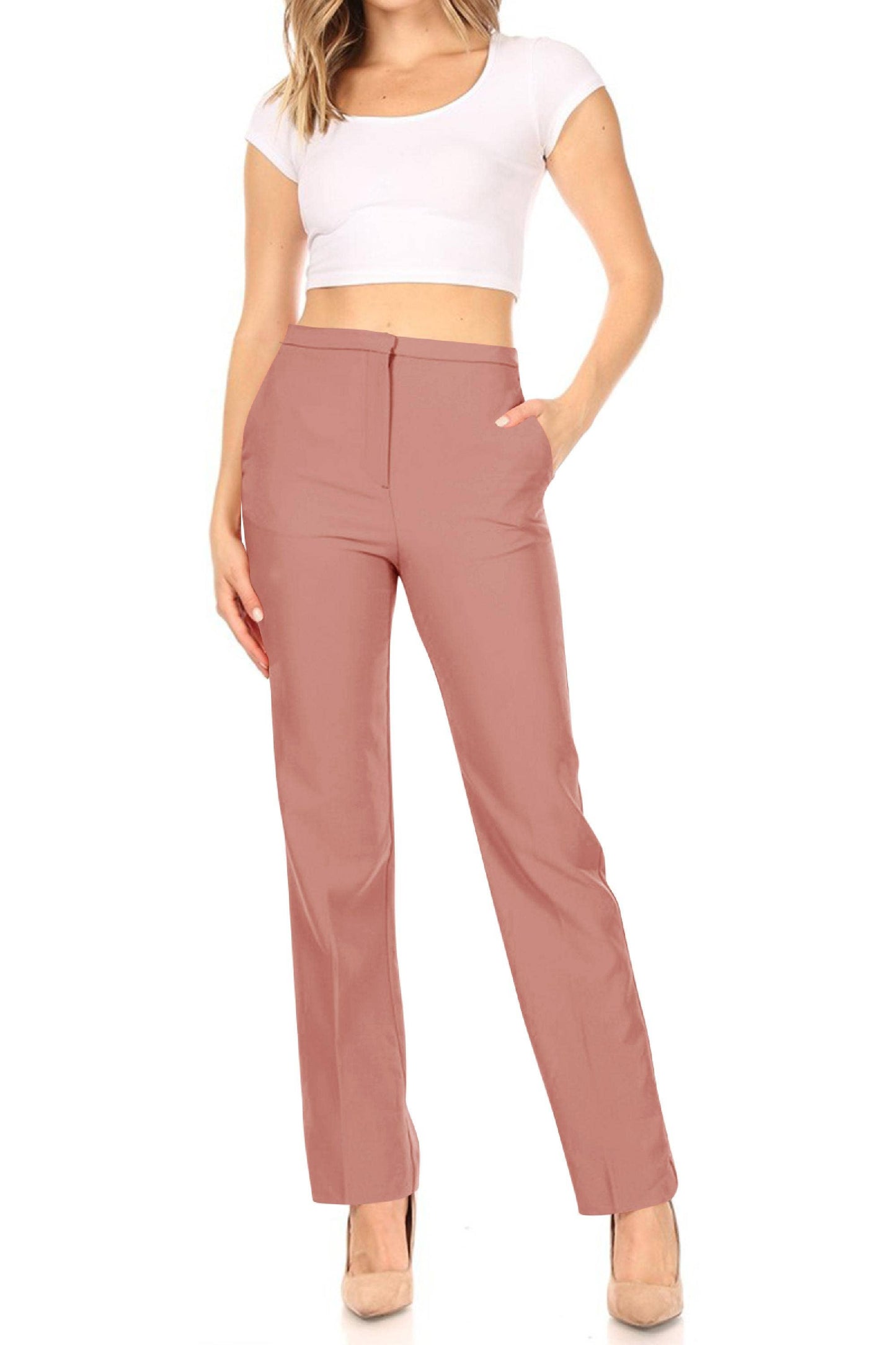 Women's Casual Straight Woven Dress Pants for Office Work