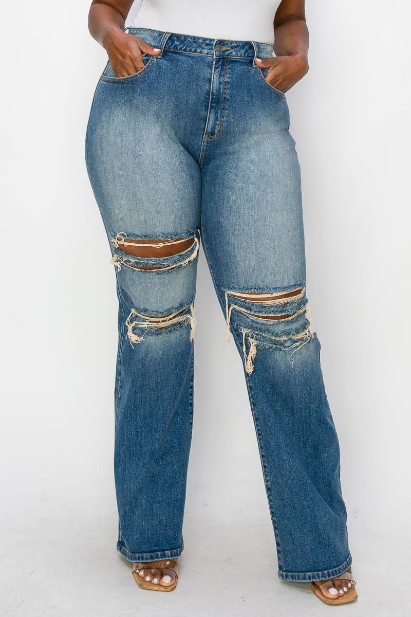 PLUS CURVY DISTRESSED VINTAGE WASH STRAIGHT LEG JEANS