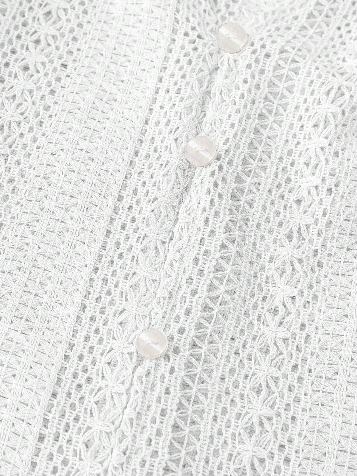 Hollow Knit V Neck Button Front Lace Blouse for Women