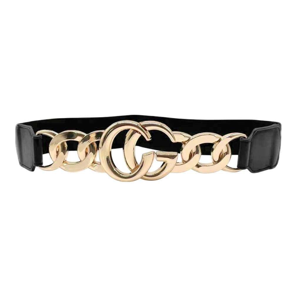 Double Metal Ring Chain Buckle Accent Elastic Waist Belt