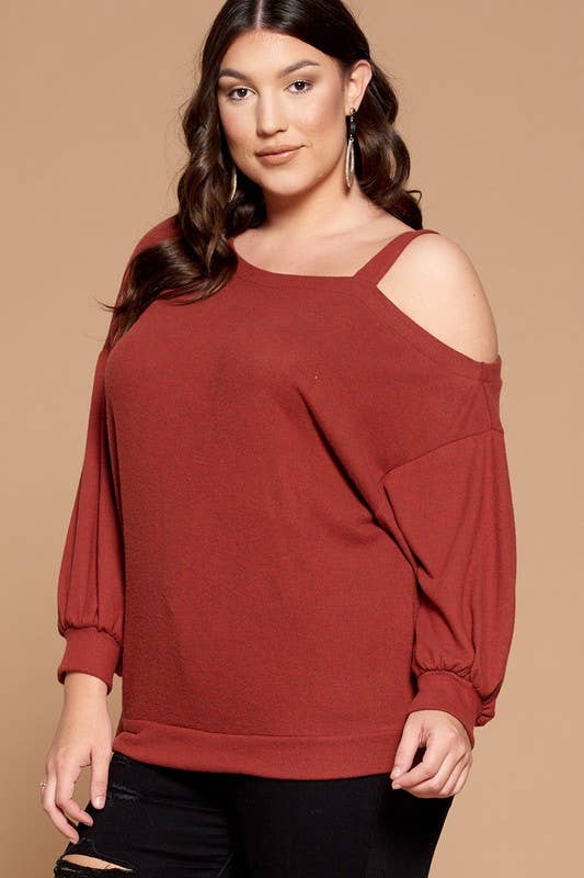 Solid Hacci Brush Cold Shoulder Top