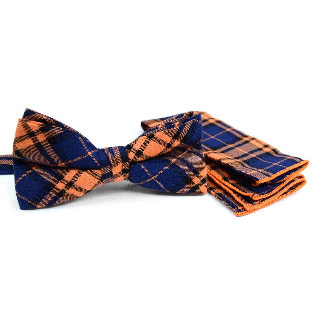 Men's Orange Blue Plaid Bow Tie & Matching Pocket Square