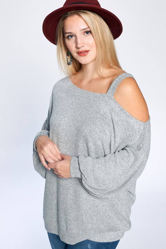 Solid Hacci Brush Cold Shoulder Top