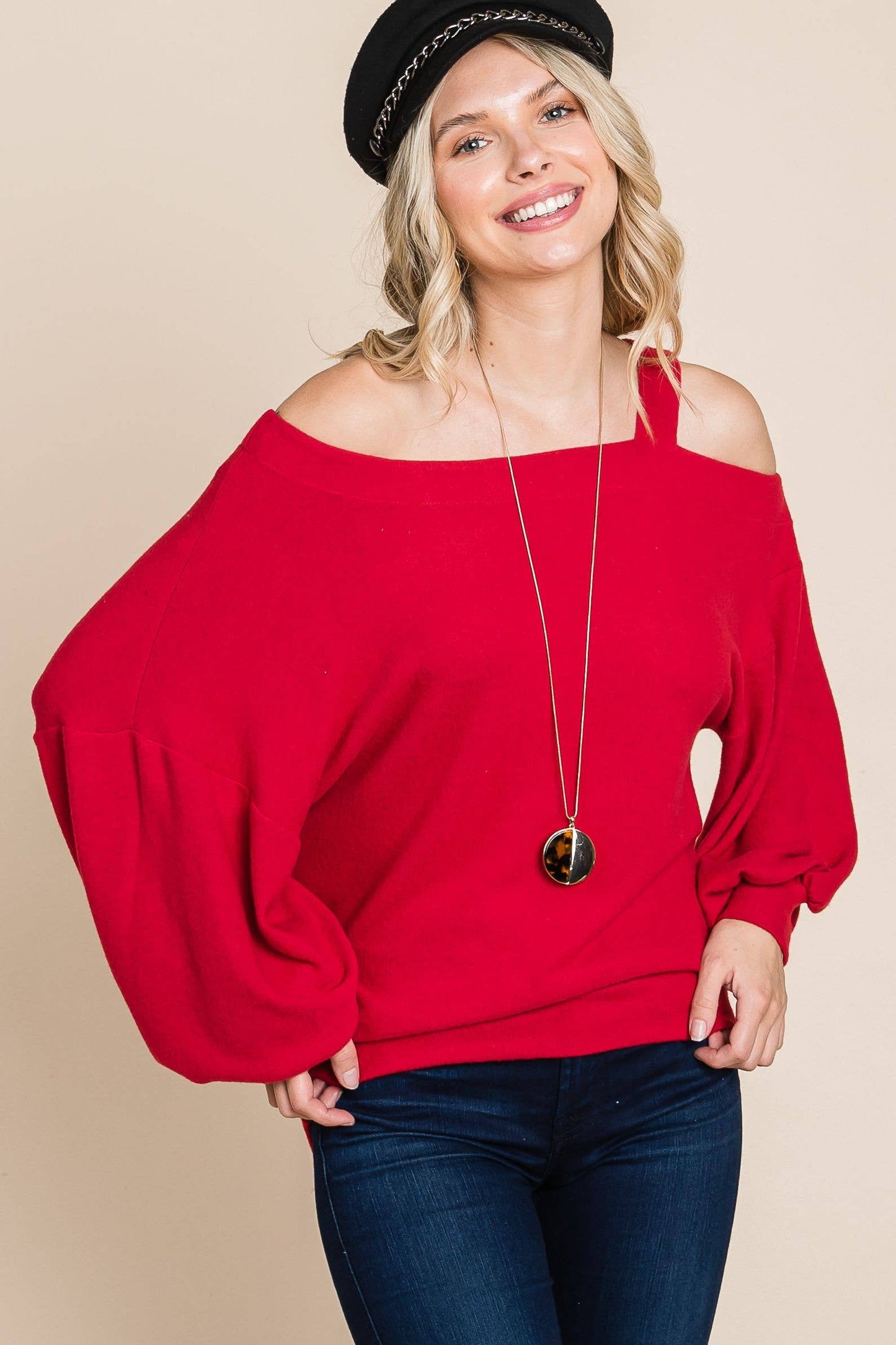 Solid Hacci Brush Cold Shoulder Top