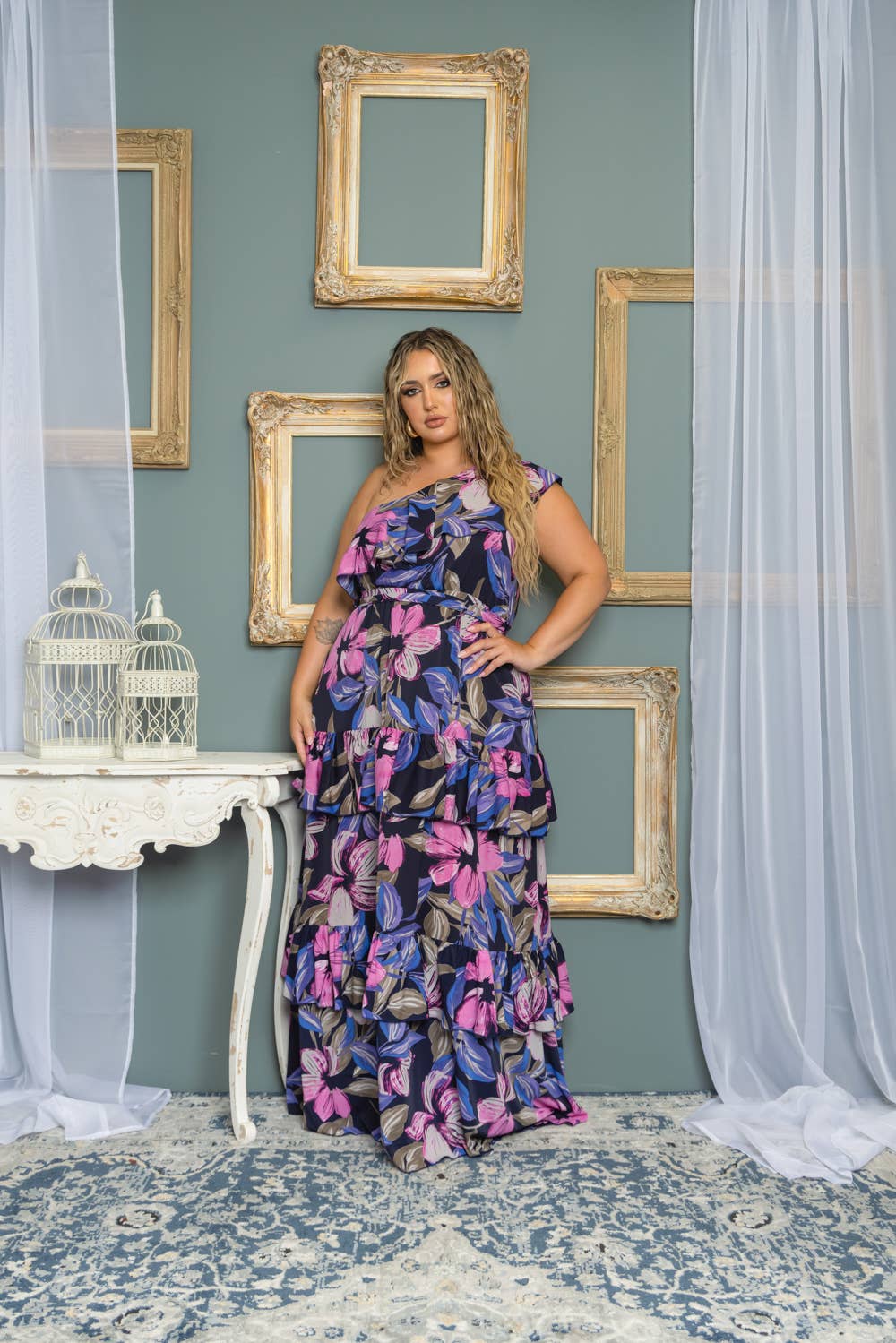 PLUS SIZE ONE SHOULDER FLORAL PRINT MAXI DRESS