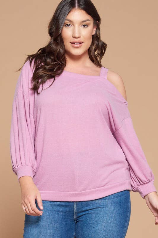 Solid Hacci Brush Cold Shoulder Top