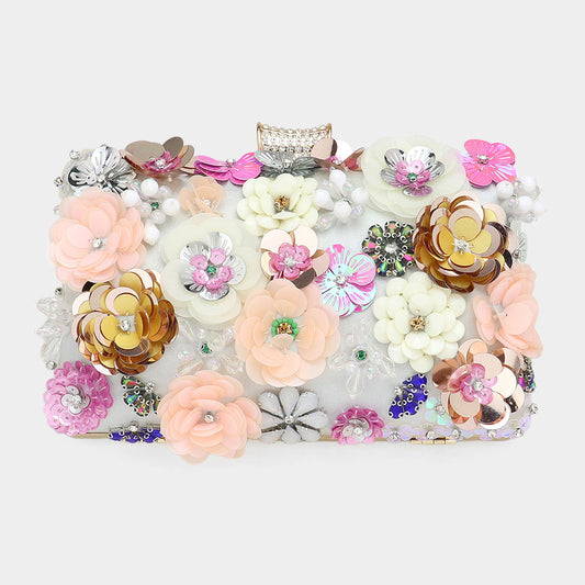 Luminous Silver Sequin Flower Evening Clutch