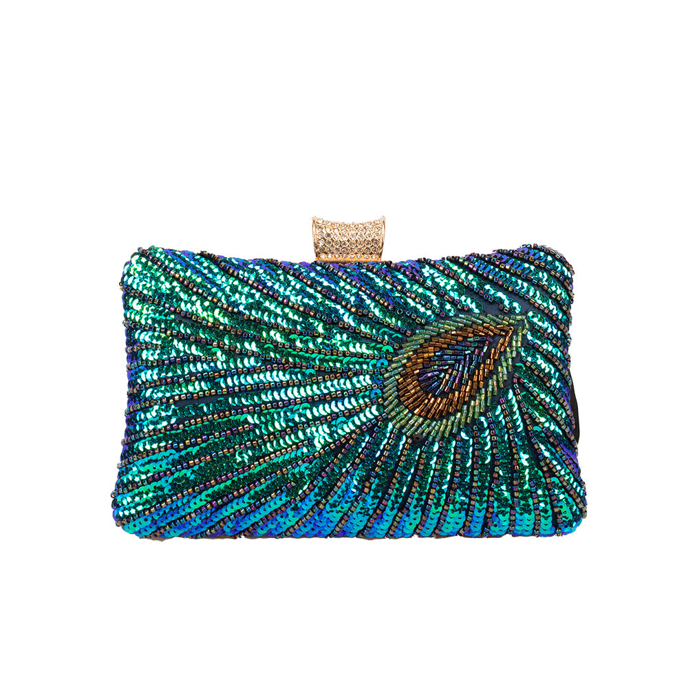 Peacock Feather Iridescent Sequin Beaded Clutch with Structured Hard Case
