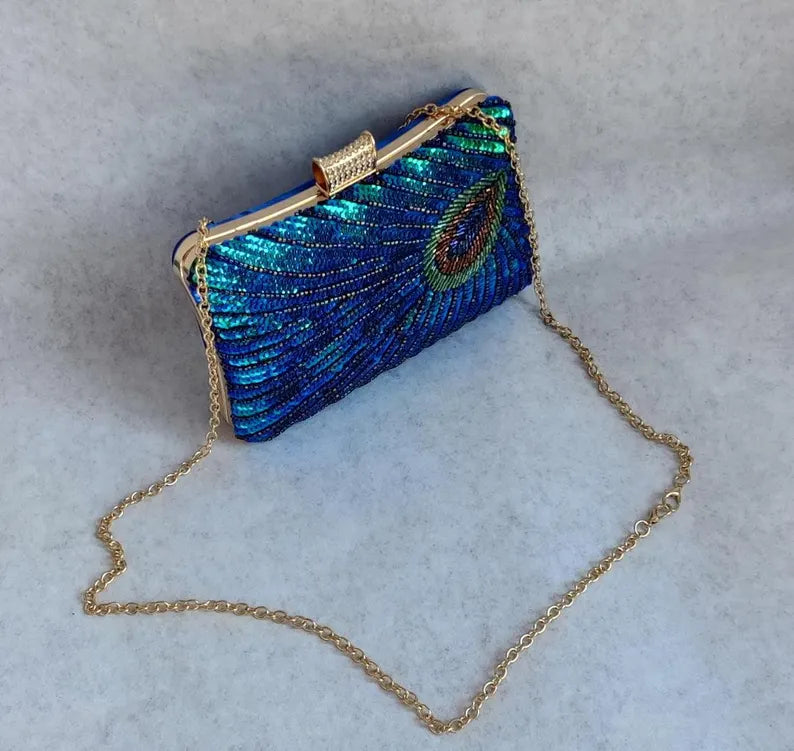 Peacock Feather Iridescent Sequin Beaded Clutch with Structured Hard Case