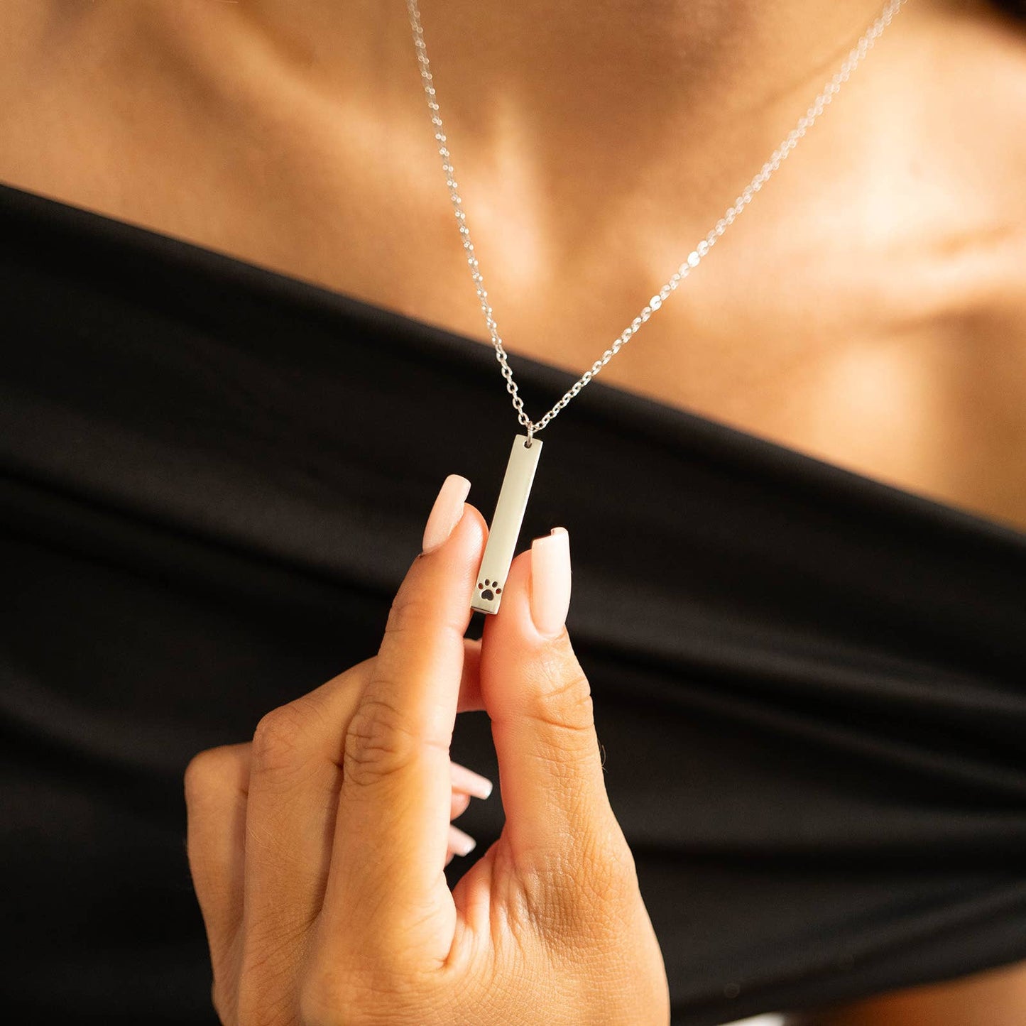 Paw Print Cutout Vertical Bar Necklace - Engravable