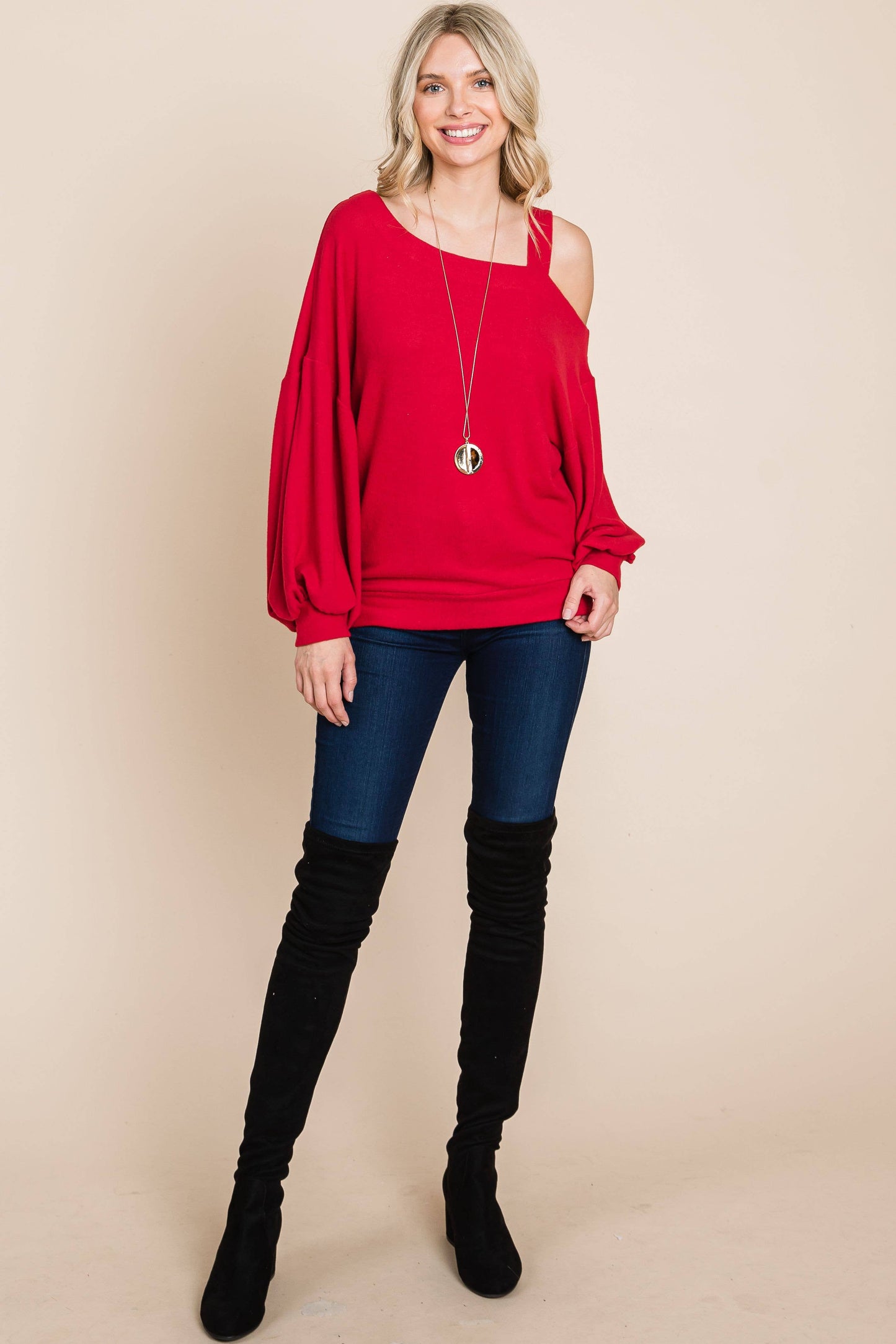 Solid Hacci Brush Cold Shoulder Top