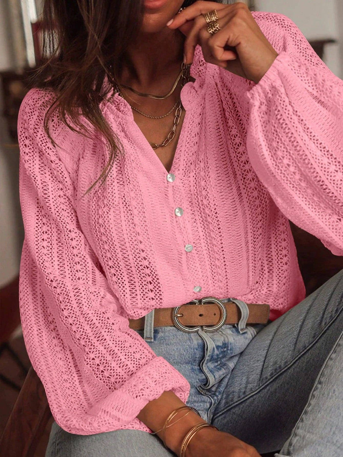 Hollow Knit V Neck Button Front Lace Blouse for Women