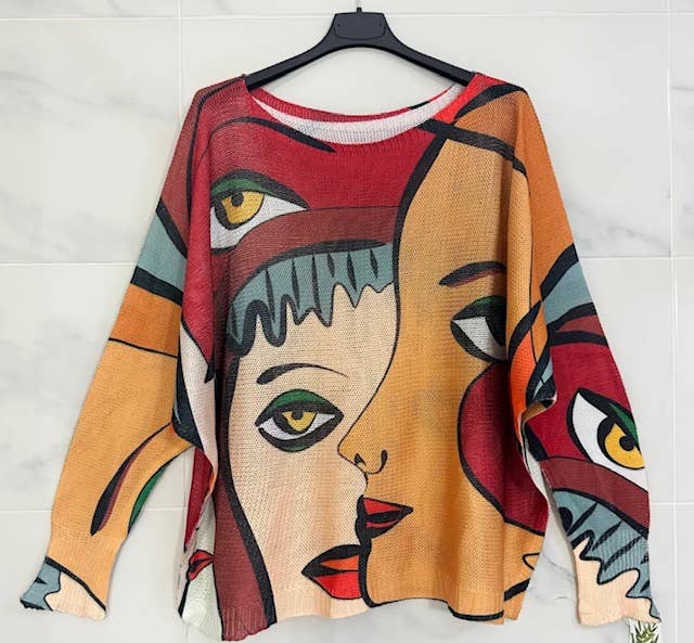 Red Picasso Style Knit Printed Sweater