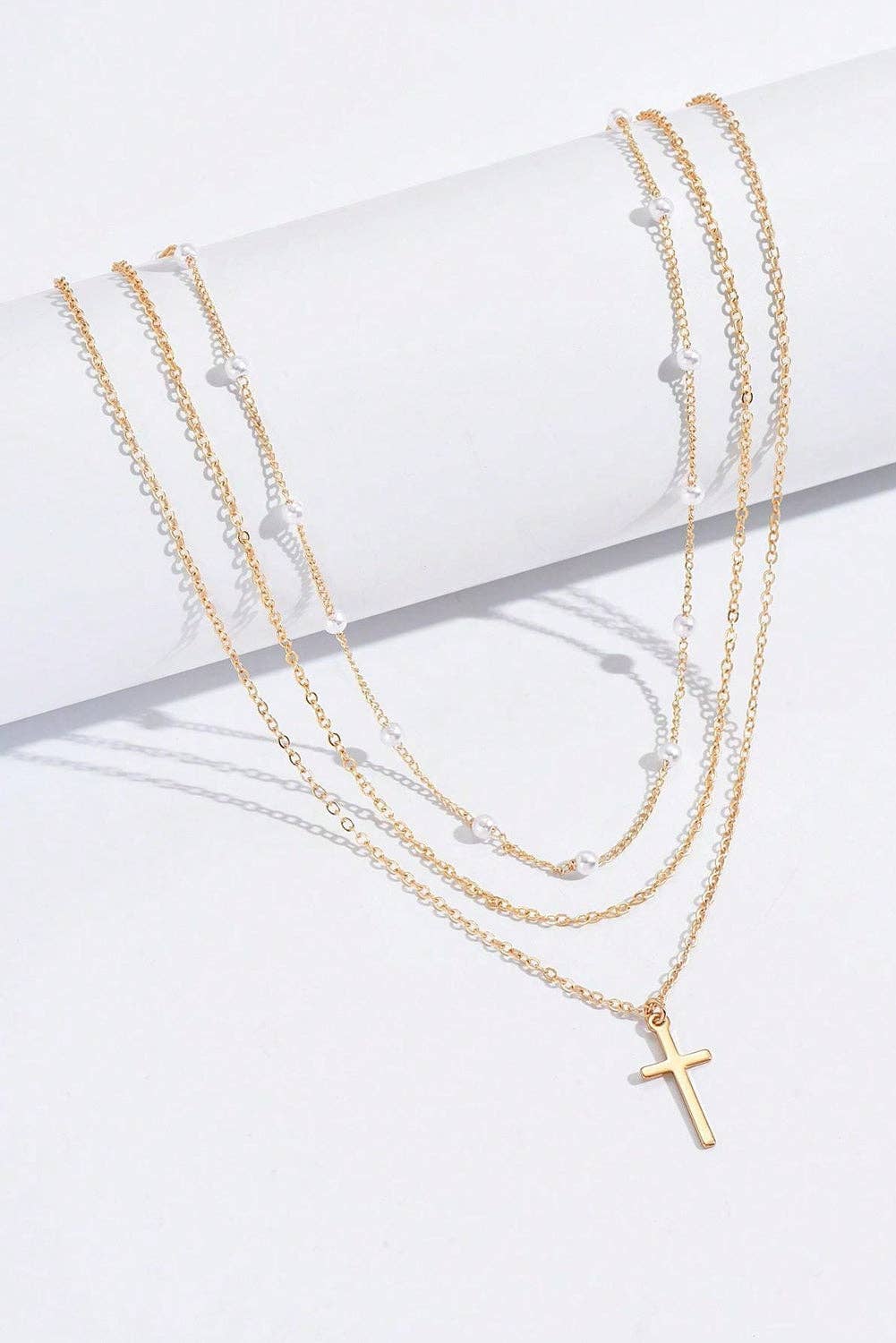 Gold Cross Pearl Layered Necklace