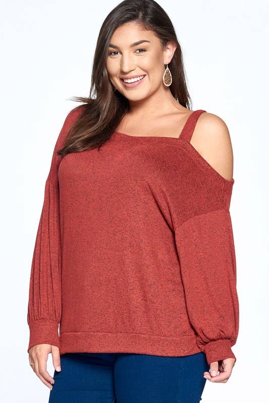 Solid Hacci Brush Cold Shoulder Top