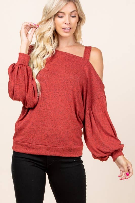 Solid Hacci Brush Cold Shoulder Top