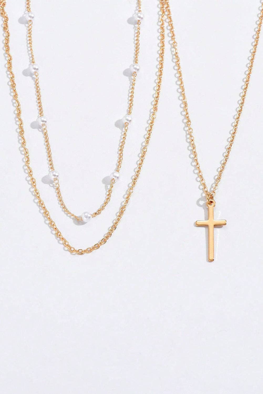 Gold Cross Pearl Layered Necklace