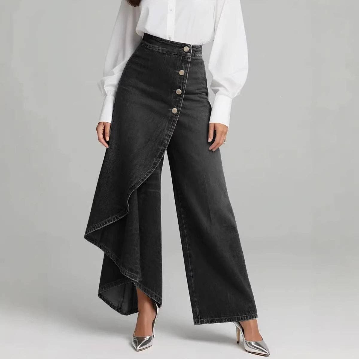 Denim Print Wide Leg Pants High Waist Button Front