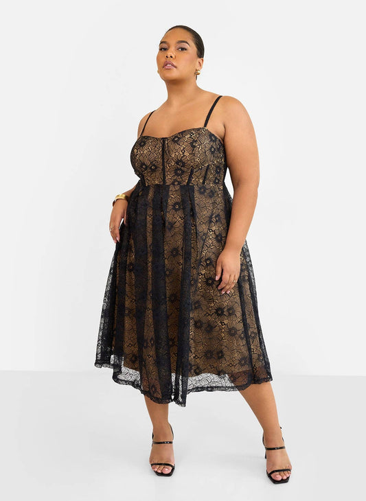 Lorelei Lace Overlay Midi A Line Dress - Black