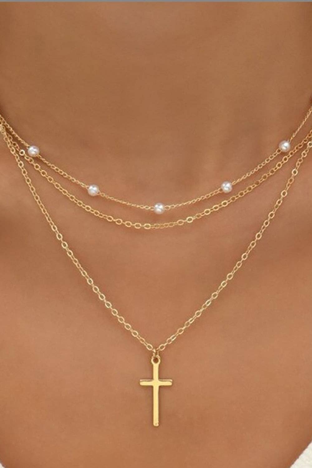 Gold Cross Pearl Layered Necklace