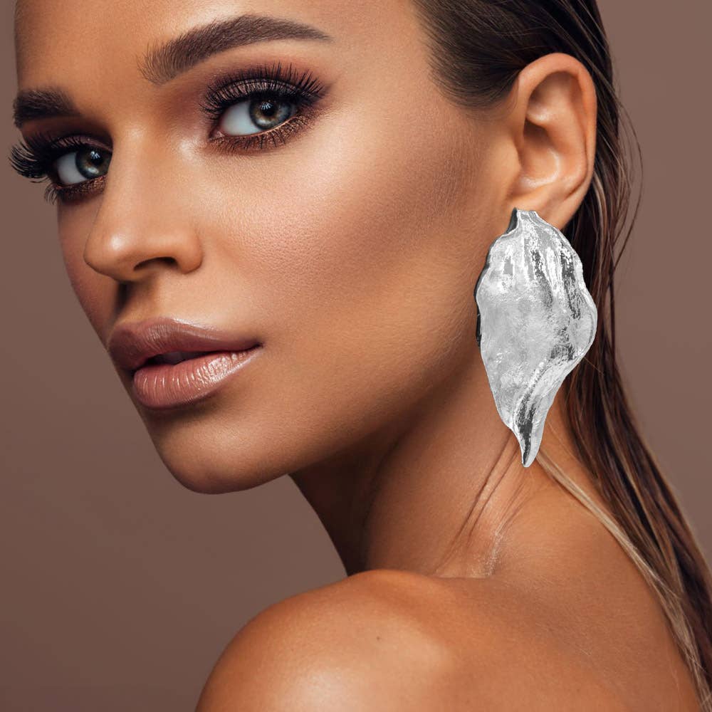 Bold Hammered Metal Sculpted Organic Leaf Drop Statement Earrings