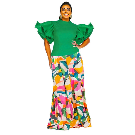 Green Ruffle Geometric Pant Set