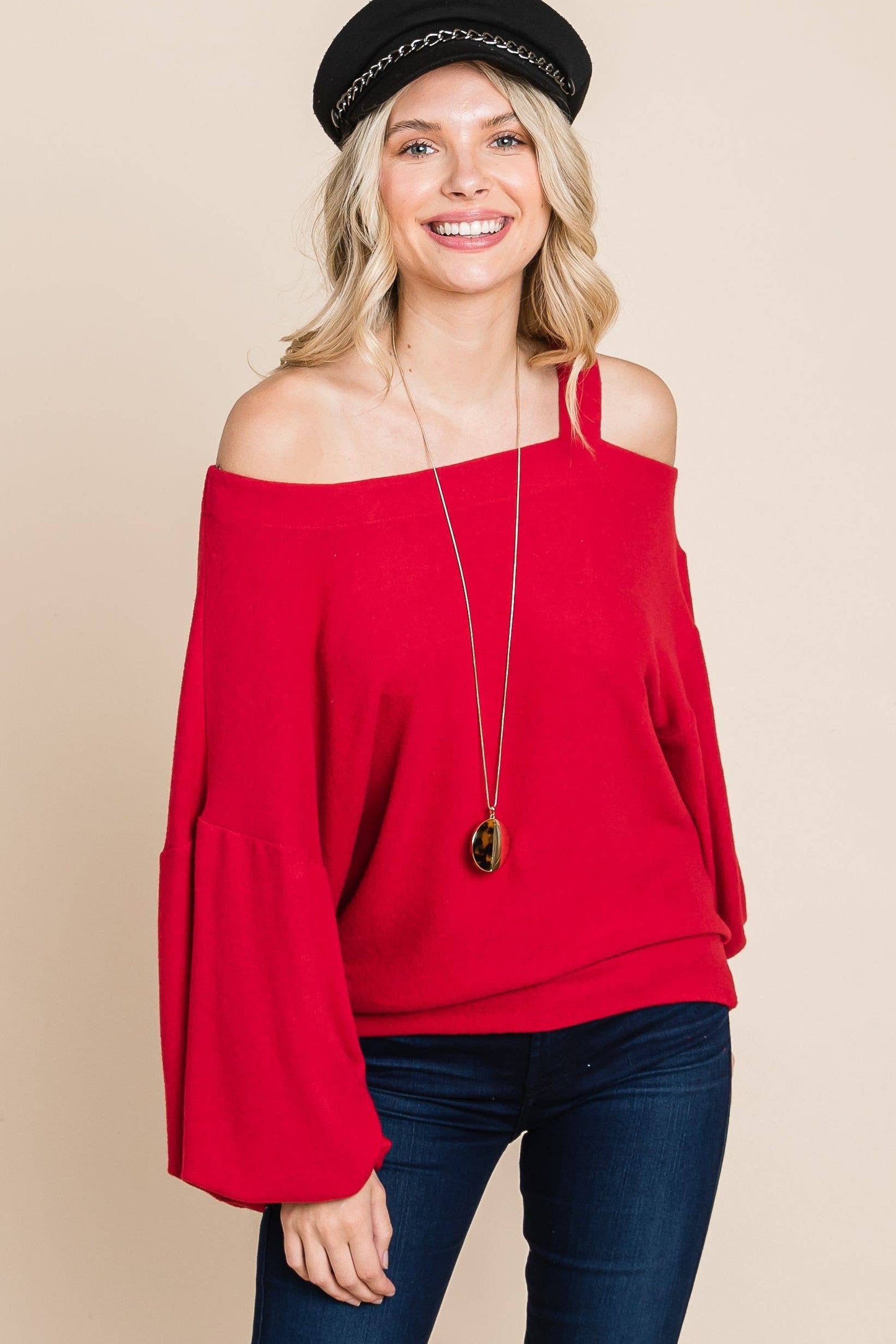 Solid Hacci Brush Cold Shoulder Top