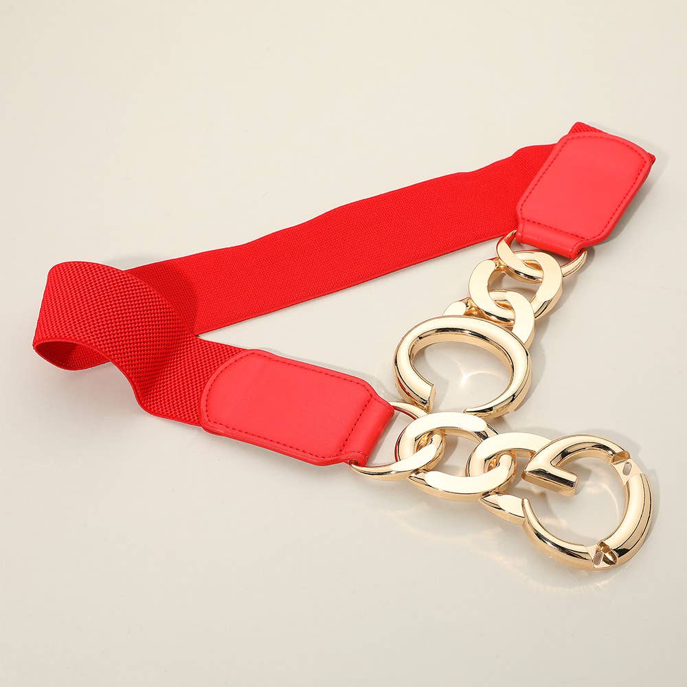 Double Metal Ring Chain Buckle Accent Elastic Waist Belt