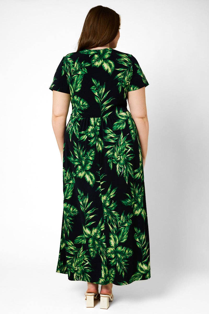 Plus Size Short Sleeve Front Twist Tropical Maxi Dress