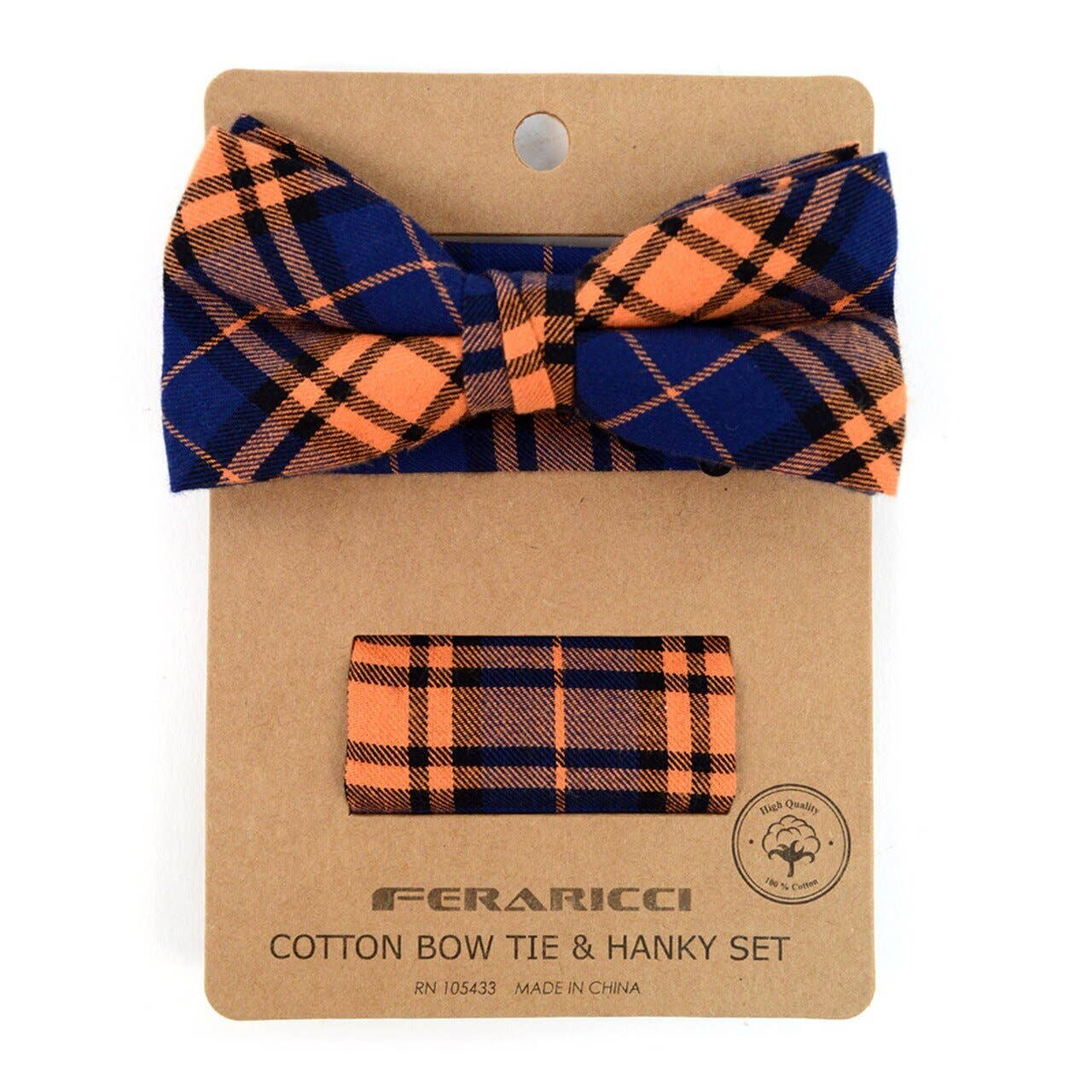 Men's Orange Blue Plaid Bow Tie & Matching Pocket Square