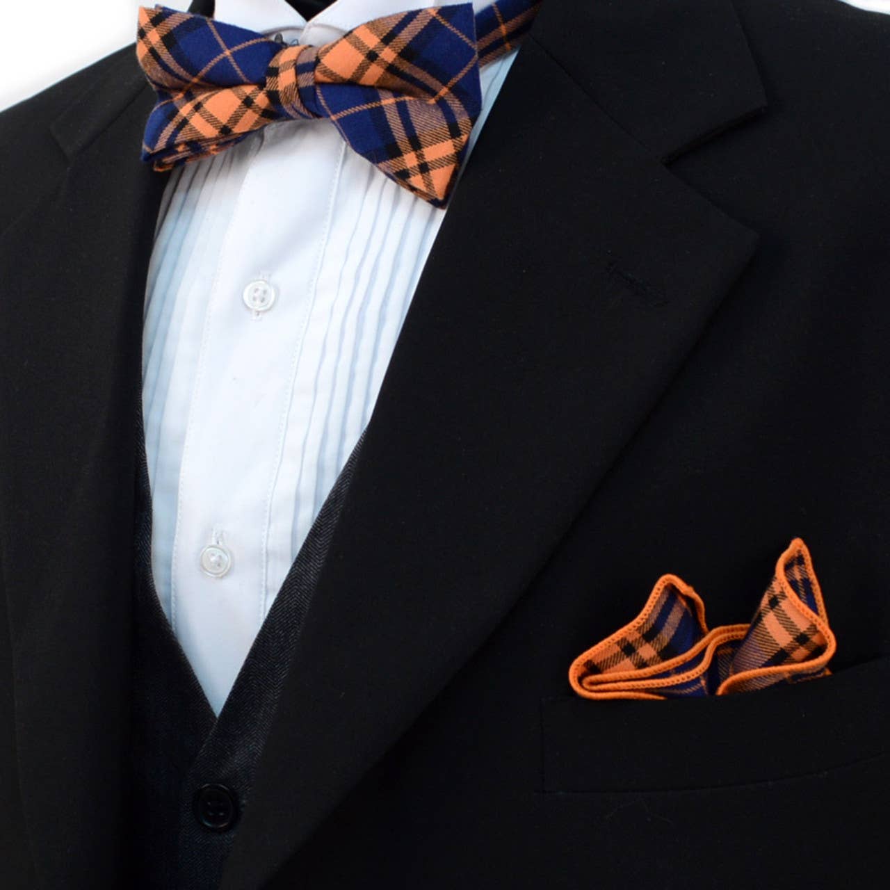 Men's Orange Blue Plaid Bow Tie & Matching Pocket Square