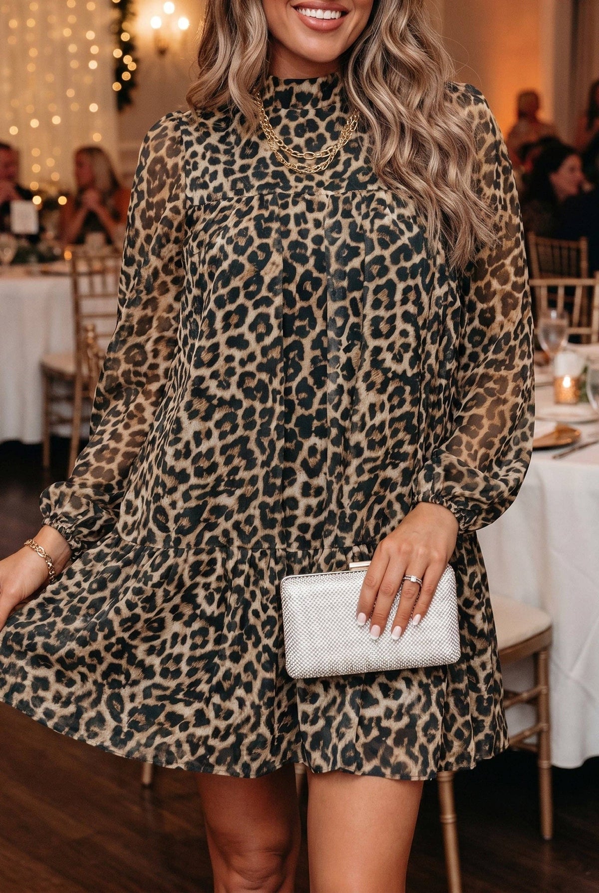 Leopard Print Mock Neck Puff Sleeve Mini Dress