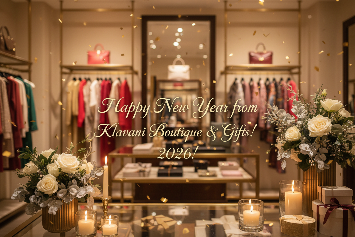 Create an elegant New Year banner image for a boutique. The scene is set inside a warm, upscale fashion and gift boutique with soft golden lighting. Subtle gold confetti, candles, and winter florals add a festive New Year atmosphere. Colorful curated fashion pieces are softly visible in the background, creating a refined, celebratory mood. Overlay text reads: “Happy New Year from Klavani Boutique & Gifts! 2026!” in elegant gold or ivory script and serif typography.
The overall style is luxurious, welcoming.