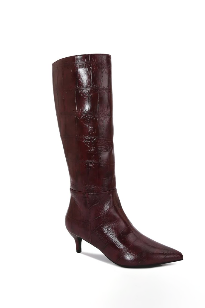 Croc-Embossed Pointed Toe Knee-High Kitten Heel
