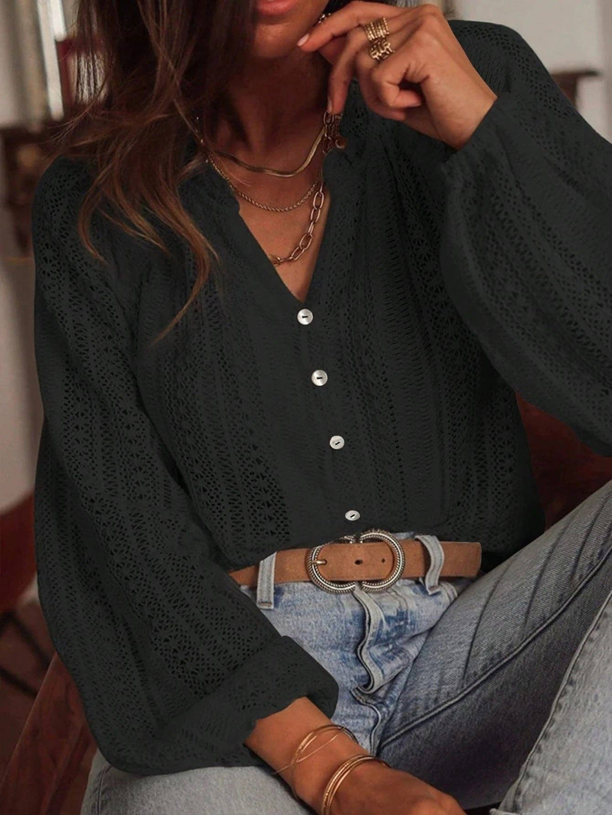 Hollow Knit V Neck Button Front Lace Blouse for Women