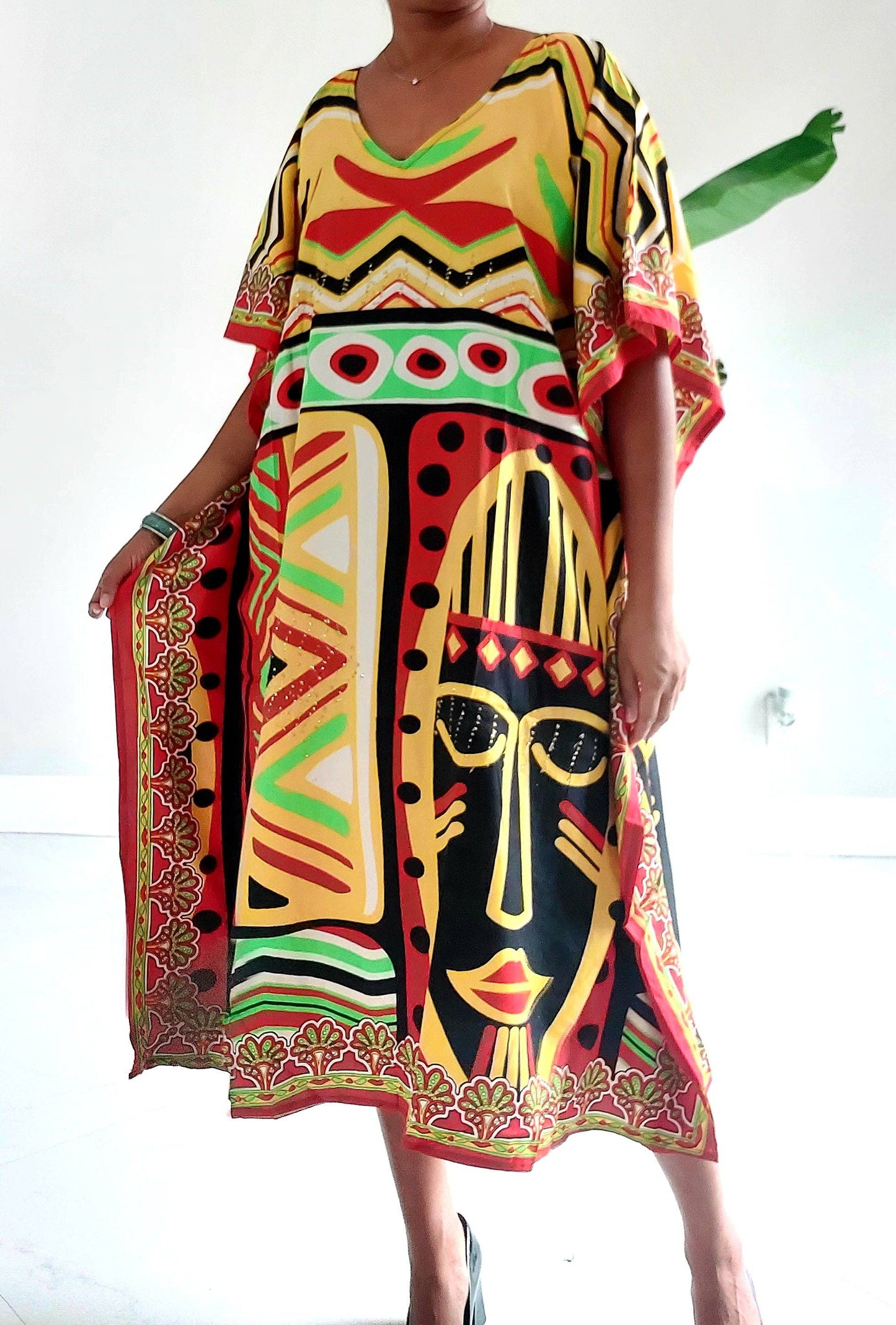 Afro Print Middi Kaftan Dress