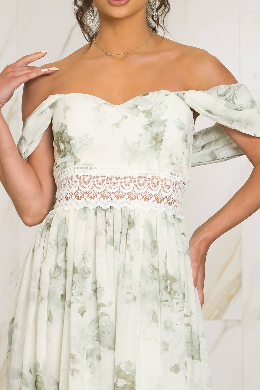 OFF SHOULDER FLORAL CHIFFON MAXI DRESS