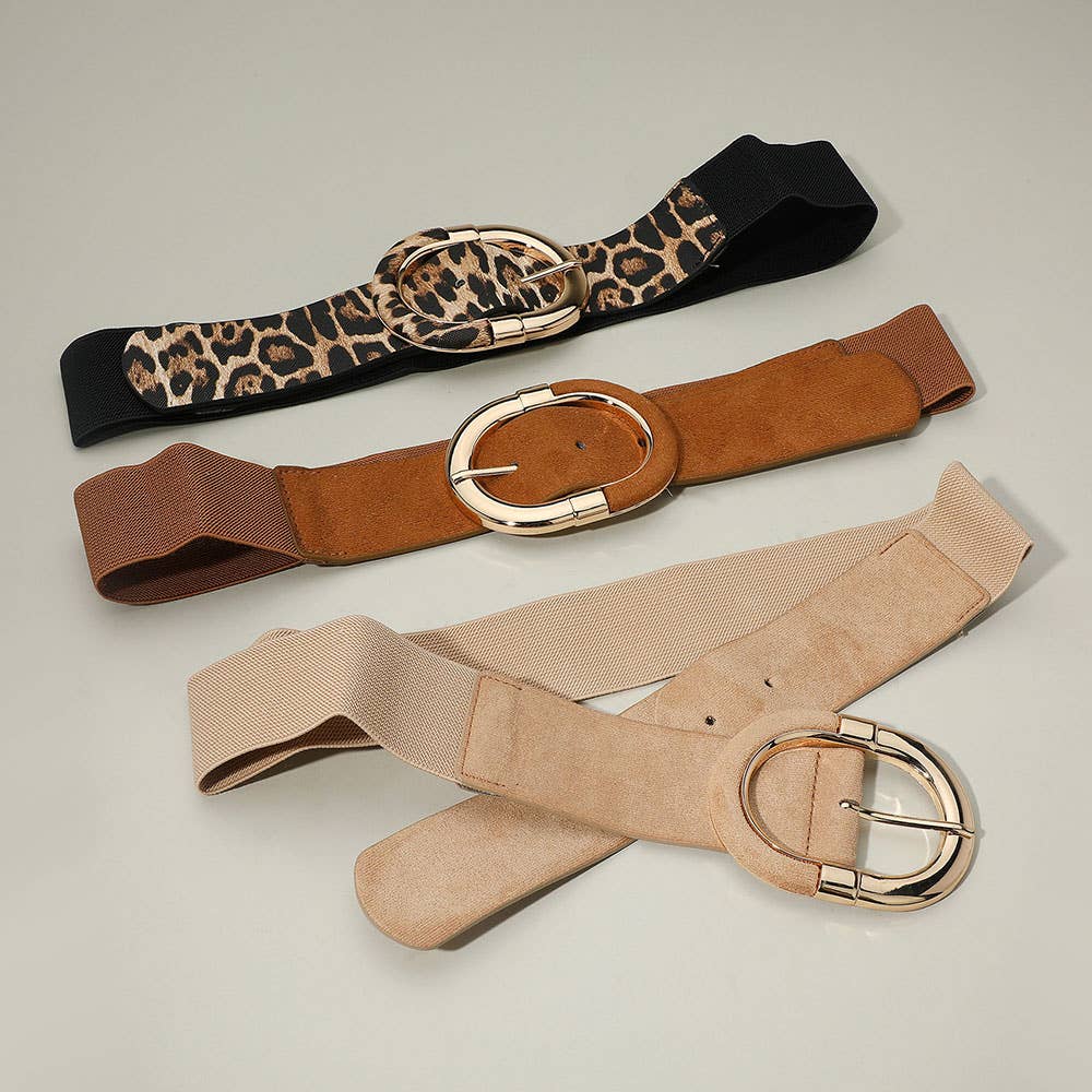 Wide Oval Buckle Accent Waist Elastic Belt