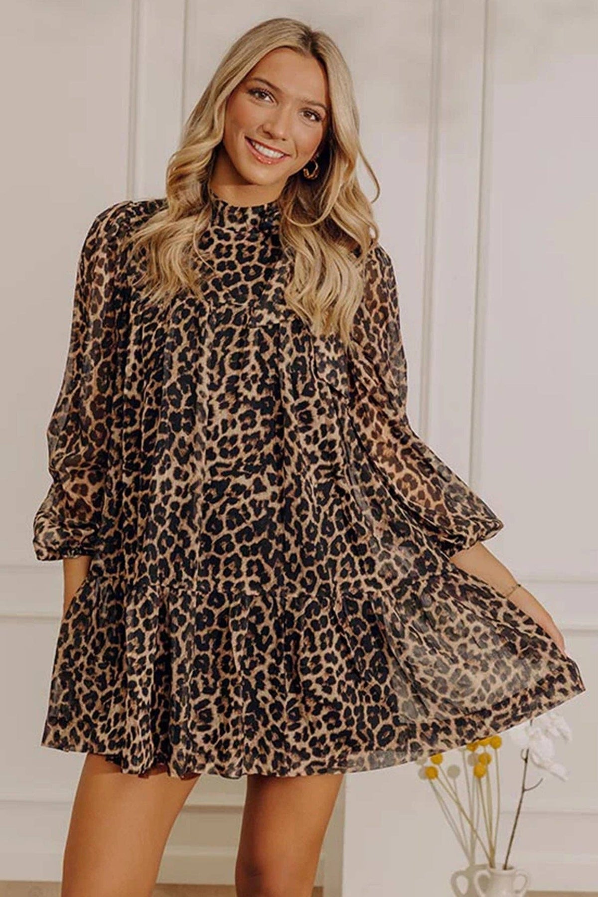 Leopard Print Mock Neck Puff Sleeve Mini Dress