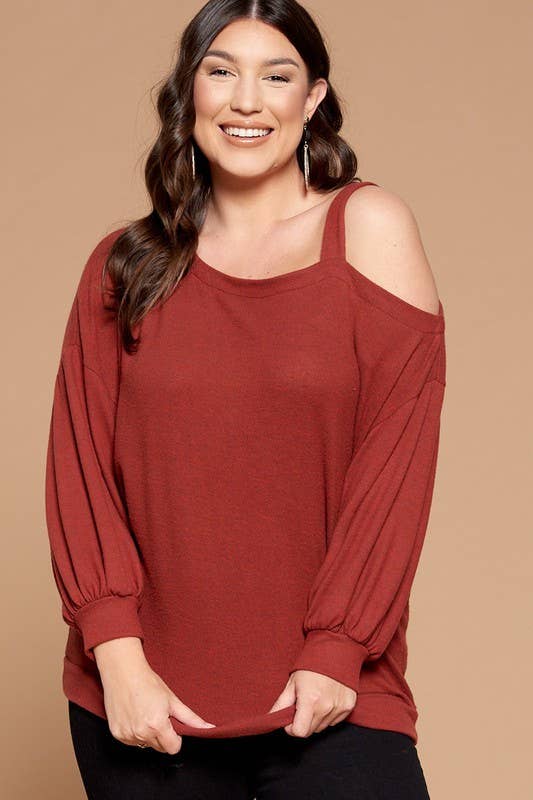 Solid Hacci Brush Cold Shoulder Top