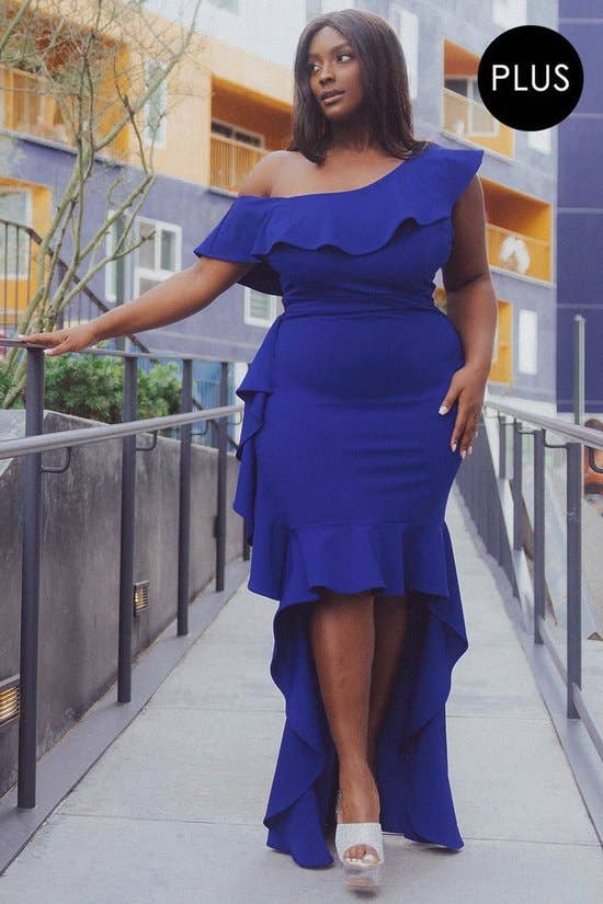 ROYAL BLUE ONE SHOULDER RUFFLE DETAILED PLUS SIZE MAXI DRESS