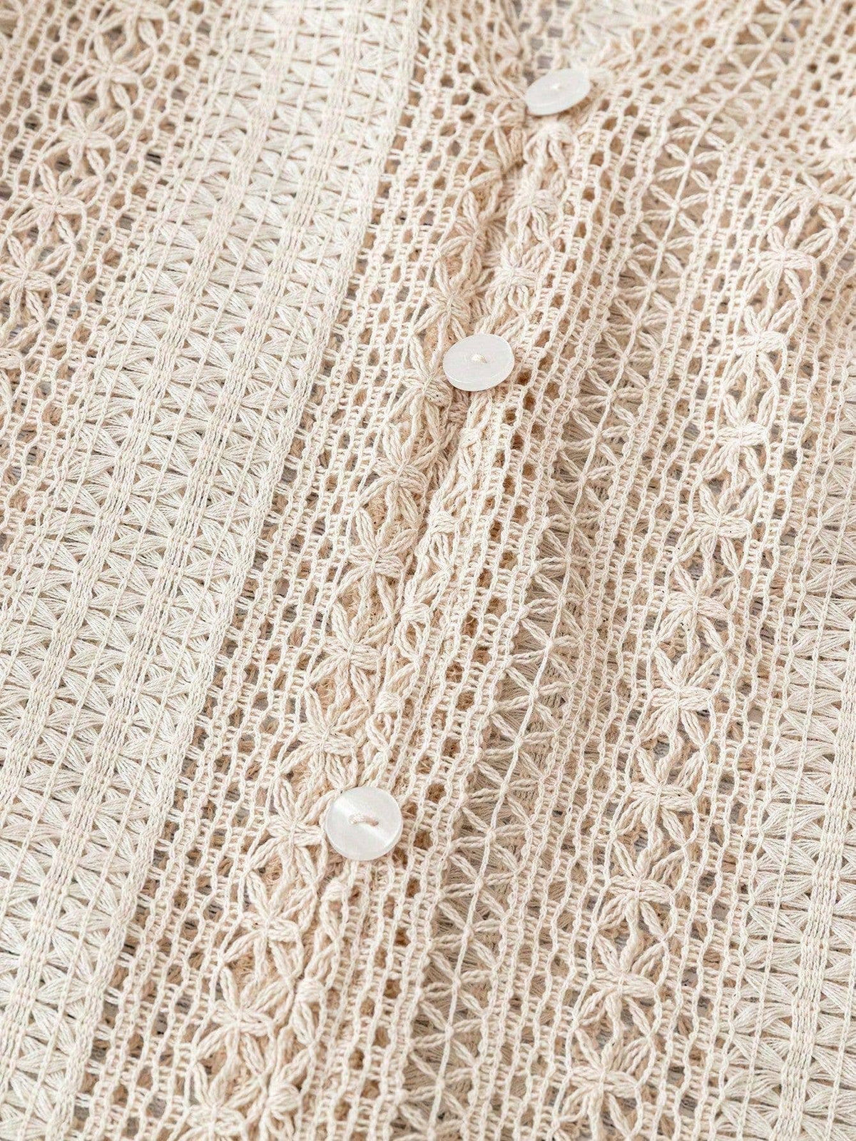 Hollow Knit V Neck Button Front Lace Blouse for Women